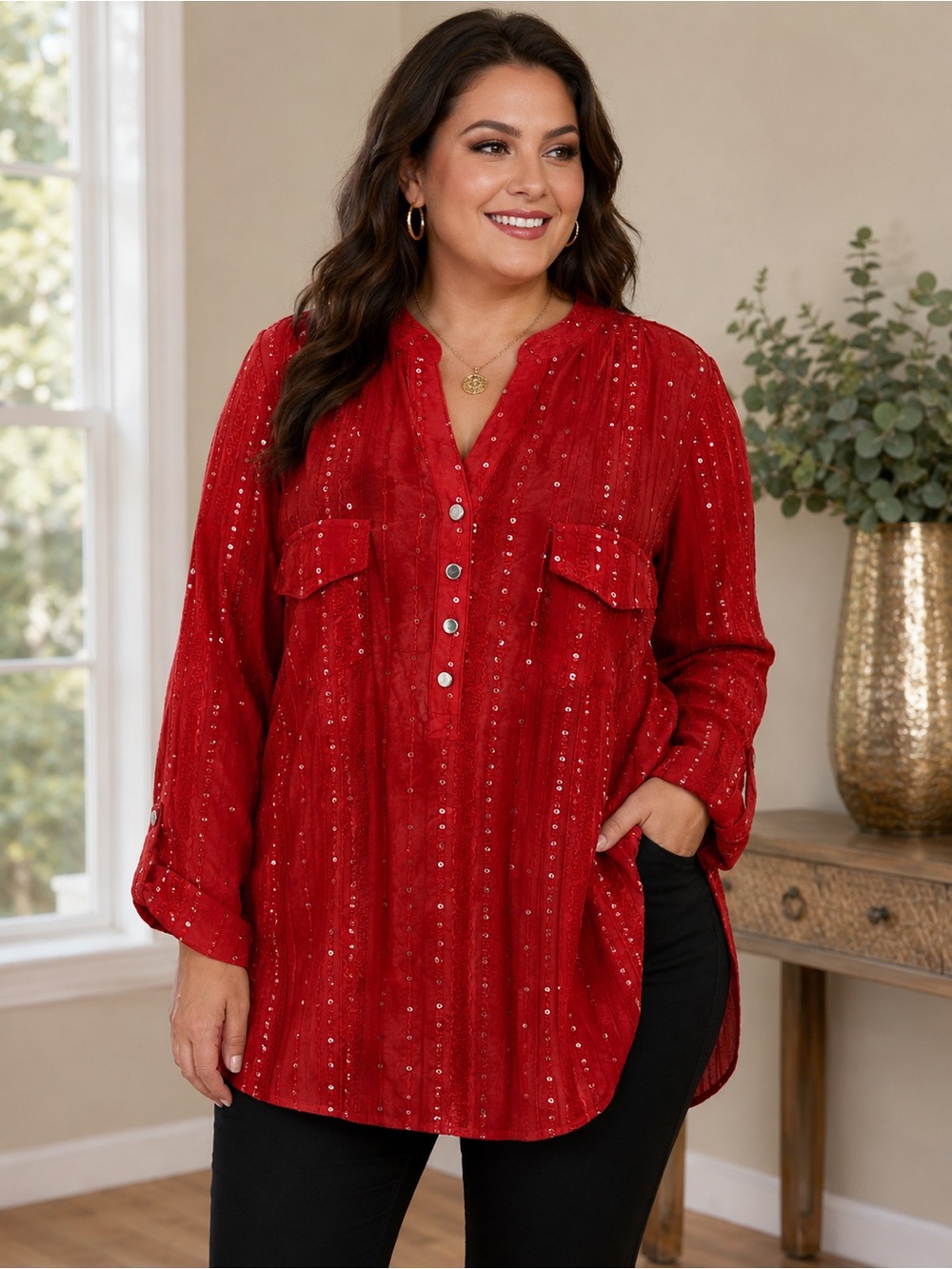 Avenue Red Sequin Embroidered Tunic Blouse Plus Size 22/24